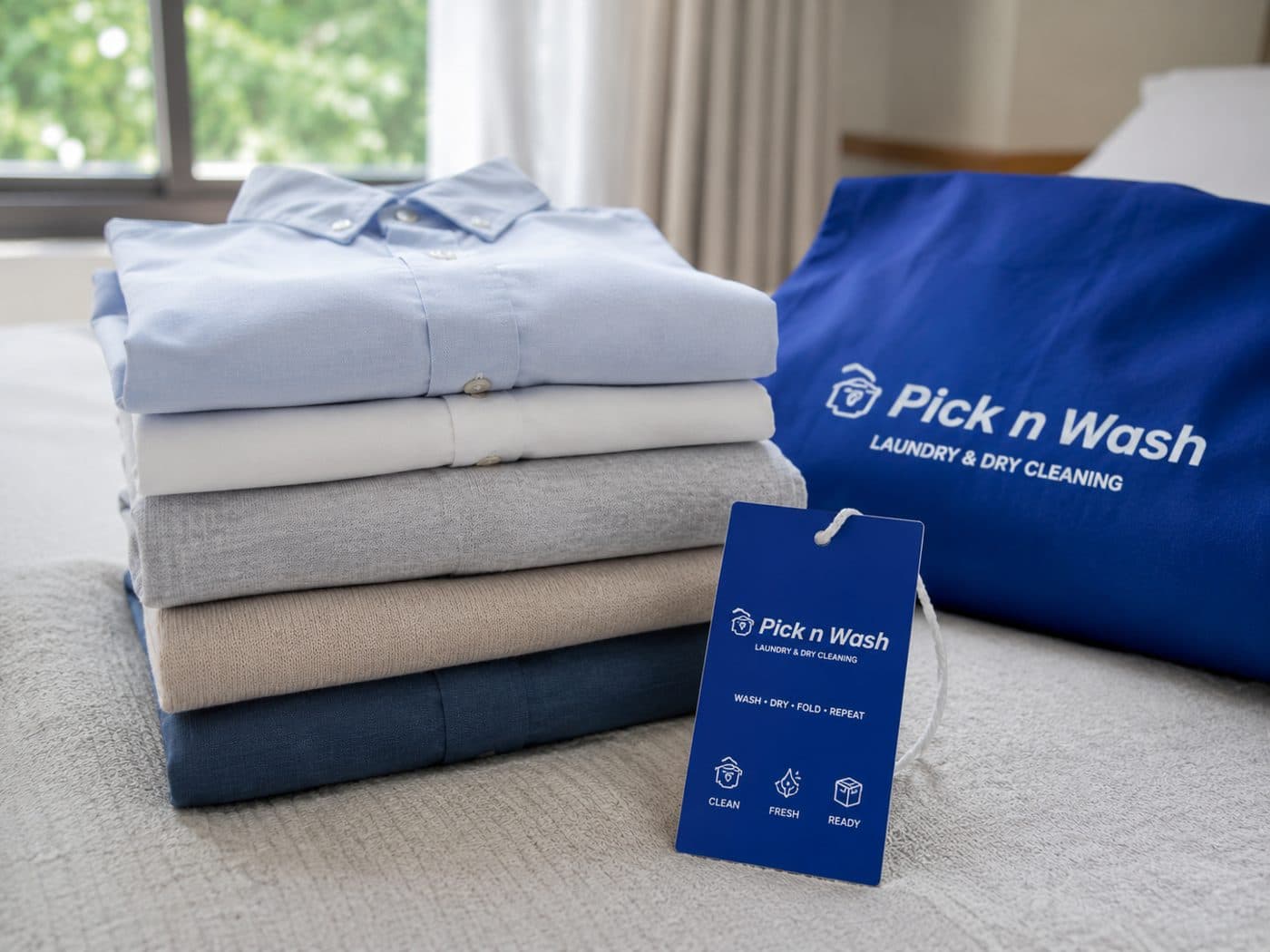 ผ้าที่พับเรียบร้อยพร้อมถุงผ้าและป้ายออเดอร์ของ Pick n Wash
